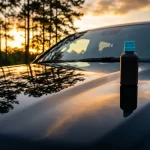 Ceramic coating cost in Spartanburg shown by a coating bottle on a mirror-finish black SUV hood at sunset