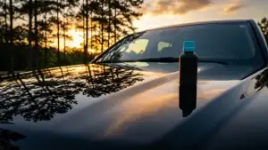 Ceramic coating cost in Spartanburg shown by a coating bottle on a mirror-finish black SUV hood at sunset