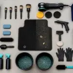 What does car detailing include: interior and exterior detailing tools laid out around a half-cleaned floor mat