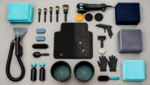 What does car detailing include: interior and exterior detailing tools laid out around a half-cleaned floor mat