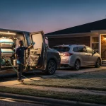 Mobile car detailing van set up in a driveway at dawn with a detailer running a hose to a customer car