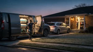 Mobile car detailing van set up in a driveway at dawn with a detailer running a hose to a customer car